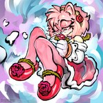 anthro armwear bare_legs bodily_fluids clothed clothing elbow_gloves female floating floral_clothing flower footwear gloves hair handwear holding_flower holding_object hologram messy_hair pink_hair plant rose_(flower) shoes slippers tears weightlessness heavyrivet sega sonic_the_hedgehog_(series) amy_rose eulipotyphlan hedgehog mammal 1:1