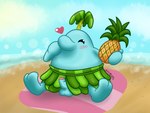 2_toes accident accidental_exposure balls big_nose blue_body blush blush_lines bottomwear clothing cloud detailed_background erection feet food fruit genitals grass_skirt hand_on_face heart_symbol holding_food holding_fruit holding_object holding_pineapple male narrowed_eyes overweight overweight_male palm_tree penis pineapple plant sand sea sitting sitting_on_towel skirt slightly_chubby slightly_chubby_male solo spread_legs spreading toes towel tree vein veiny_penis water nikumeats mario_bros nintendo super_mario_sunshine humanoid pianta_(super_mario_sunshine) 4:3 hi_res signature