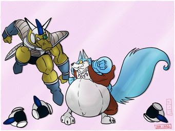 after_vore anthro armor belly big_belly blue_body blue_fur clothing duo fur headgear helmet huge_belly jacket jewelry male male_pred necklace scouter topwear vore white_body white_fur yellow_body yellow_sclera cowboy_raccoon dragon_ball dragon_ball_z alien alligator alligatorid canid canine canis crocodilian mammal reptile scalie wolf hi_res