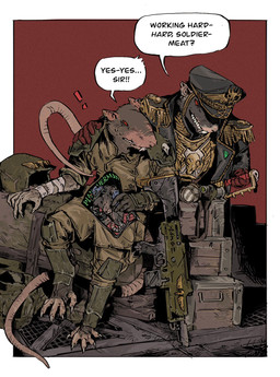 anthro armor bandage bandaged_arm bodily_fluids buckteeth caught_in_the_act claws clothed clothing duo exclamation_point finger_claws guardsman_(warhammer_40k) gun hat headgear headwear helmet holding_object holding_weapon leaning leaning_forward magazine male military no_pupils officer porn_magazine pornography ranged_weapon rat_tail red_eyes sitting soldier sweat sweatdrop tail teeth text toe_claws warrior weapon sallllltywater warhammer_(franchise) warhammer_40000 mammal murid murine rat rodent skaven 2026 digital_media_(artwork) english_text hi_res