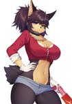 anthro big_breasts black_body black_fur black_hair blue_eyes bottomwear breasts cleavage clothed clothing crossgender daisy_dukes denim denim_bottomwear denim_clothing denim_shorts female fur gloves hair hand_on_hip handwear hotpants jacket kemono looking_at_viewer midriff mtf_crossgender navel neck_tuft shorts solo tan_body tan_fur topwear tuft shirasiyuki bandai_namco klonoa_(series) guntz canid canine canis mammal wolf 2022 hi_res