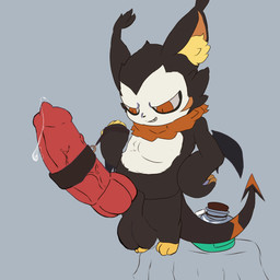 anthro big_penis black_body black_fur bodily_fluids ear_tuft fur genital_fluids genitals huge_penis hyper hyper_genitalia hyper_penis male orange_eyes penis potion precum smile solo tail tuft wings lililililililili roco_kingdom roco_kingdom:world demon 1:1 absurd_res hi_res