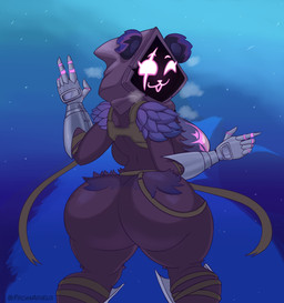 anthro arm_tuft armor big_breasts big_butt breasts butt clothing empty_eyes eye_scar eyelashes facial_scar female fur gauntlets gloves handwear hip_tuft huge_butt looking_at_viewer looking_back looking_back_at_viewer obscured_face open_mouth open_smile purple_body purple_fur purple_hood rear_view scar shoulder_tuft smile solo thick_thighs tuft white_eyes wide_hips fromariels epic_games fortnite raven_team_leader bear mammal absurd_res hi_res