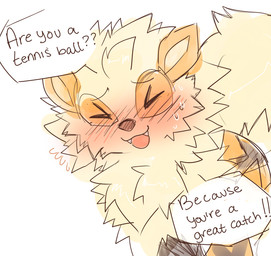>_< big_tail black_body black_fur black_nose blonde_mane blush blush_lines bodily_fluids close-up exclamation_point eyebrows eyes_closed fangs feral flirting fluffy fluffy_tail fur fur_markings humor male mane markings open_mouth orange_body orange_fur pick-up_line quadruped question_mark red_blush simple_background solo speech_bubble sweat tail teeth text tongue tongue_out white_background yellow_body yellow_fur fiddleafox nintendo pokemon arkani_(fiddleafox) arcanine generation_1_pokemon pokemon_(species) 2015 colored_sketch digital_drawing_(artwork) digital_media_(artwork) english_text sketch