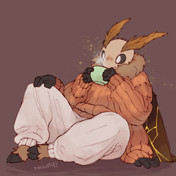 2_claws 4_arms 4_hands 5_fingers ambiguous_gender antennae_(anatomy) anthro barefoot beverage black_sclera bottomwear brown_background brown_body brown_fur claws clothing container cup drinking feet fingers fur holding_container holding_cup holding_object insect_wings kintsugi_(art) lepidopteran_wings multi_arm multi_hand multi_limb necktie orange_clothing orange_sweater orange_topwear pants simple_background sitting sitting_on_ground solo sweater tea toes topwear white_bottomwear white_clothing white_eyes white_pants wings manustuff floof_(binaryfloof) arthropod insect lepidopteran moth absurd_res hi_res
