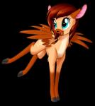 blue_eyes brown_body brown_feathers brown_fur brown_hair bucking cloven_hooves feathered_wings feathers female feral fur hair happy hooves jumping open_mouth playing simple_background solo transparent_background wings sirzi hasbro my_little_pony cervyderia_deer deer mammal peryton alpha_channel hi_res