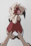 2:3 ambiguous_gender anthro azzai butt canid canine claws digital_media_(artwork) full-length_portrait fur generation_7_pokemon looking_at_viewer looking_back lycanroc mammal midnight_lycanroc nintendo pokemon pokemon_(species) portrait rear_view smile solo standing white_body white_fur