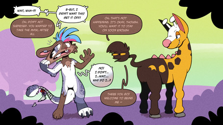 antlers blue_eyes brown_body brown_fur buckteeth character_transformation dialogue digitigrade duo ear_piercing ear_ring forced forced_transformation fur grey_body grey_fur hooves horn identity_death jewelry markings mask_transformation mental_transformation mid_transformation mind_alteration orange_sclera piercing pink_nose red_nose ring_piercing speech_bubble tail tail_wraps teeth text transformation twinning unwilling_to_willing whisker_markings wraps yellow_body yellow_fur trevor-fox nintendo pokemon trevor-fox_(character) felid generation_2_pokemon girafarig mammal mouse murid murine pantherine pokemon_(species) rodent snow_leopard english_text hi_res