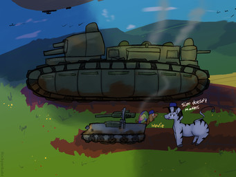 clothing dialogue duo grass_field hat hat_only headgear headgear_only headwear headwear_only humor mostly_nude orange_body outside standing tank_(vehicle) text vehicle white_body rockpankake char_2c hasbro my_little_pony ama_(rockpankake) equid equine mammal zebra 2026 4:3 digital_media_(artwork) english_text hi_res