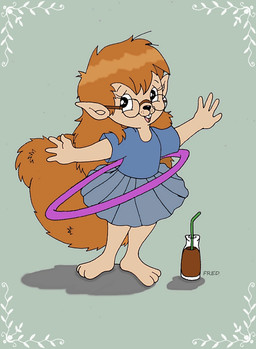 anthro beverage bottomwear buckteeth clothing eyewear female glasses hula_hoop open_mouth shirt skirt solo teeth topwear fredvegerano marina_neira_(character) mammal rodent sciurid tree_squirrel