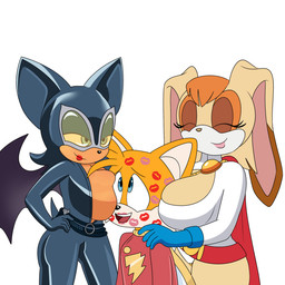 age_difference anthro big_breasts breasts female group kiss_mark male older_female trio young younger_male 4chan_anon anonymous_artist batman_(series) dc_comics sega sonic_the_hedgehog_(series) superman_(series) captain_marvel_(dc) catwoman miles_prower power_girl rouge_the_bat shazam vanilla_the_rabbit bat canid canine fox lagomorph leporid mammal rabbit red_fox true_fox 1:1 hi_res