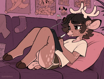 2_toes anthro antlers barefoot black_bottomwear black_clothing black_shorts blep bottomwear brown_body brown_eyes brown_fur brown_hair brown_hooves brown_nose charger chips_(food) clothed clothing cloven_hooves dolphin_shorts drawing_tablet feet femboy food freckled_face freckles fur furniture hair hooved_plantigrade hooved_toes hooves horn inside male narrowed_eyes on_sofa outlet pillow plantigrade poster shirt shorts sitting sitting_on_sofa smile sofa solo spots sticker stylus tablet tail tan_body tan_fur text toes tongue tongue_out topwear white_clothing white_shirt white_topwear jayrnski jayrnski_(character) maple_(jayrnski) ollie_(jayrnski) sav_(jayrnski) skye_(jayrnski) canid canine deer fox giraffe giraffid hyena mammal 2025 artist_name colored detailed digital_drawing_(artwork) digital_media_(artwork) english_text hi_res shaded