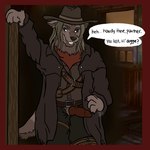 animal_genitalia anthro clothing cowboy_hat dialogue genitals glowing glowing_eyes hat headgear headwear knot leaning_on_doorway male solo speech_bubble standing text mister-b dead_by_daylight deathslinger_(dbd) canid canine canis mammal wolf 1:1 english_text hi_res