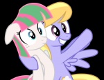 blonde_hair blue_body blue_eyes blue_feathers cutie_mark duo feathered_wings feathers female feral freckles grey_body grey_feathers hair multicolored_hair purple_eyes simple_background smile transparent_background two_tone_hair vector wings inuhoshi-to-darkpen friendship_is_magic hasbro my_little_pony mythology blossomforth_(mlp) cloud_kicker_(mlp) equid equine mammal mythological_creature mythological_equine pegasus 2012 absurd_res alpha_channel digital_media_(artwork) hi_res