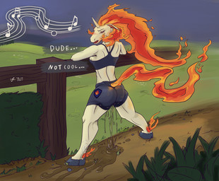 anthro athletic athletic_anthro athletic_female athletic_wear biped blush bodily_fluids bottomwear bra butt clear_urine clothing female female_peeing fire flaming_hair flaming_mane genital_fluids gym_bottomwear gym_shorts hooves horn outside peeing pseudo_hair pseudo_mane red_eyes shorts solo sports_bra standing text underwear urine urine_pool urine_stream watersports wetting white_body valrionwrites nintendo pokemon equid equine generation_1_pokemon horse mammal pokemon_(species) rapidash 2025 digital_media_(artwork) english_text hi_res