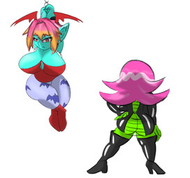 big_breasts biped blonde_hair boots bound breasts chain chained clothing duo female female_humanoid footwear gradient_hair green_body hair high_heeled_boots high_heels huge_breasts humanoid_pointy_ears legwear leotard multicolored_hair not_furry pink_hair pointy_ears shoes slightly_chubby slightly_chubby_female thigh_boots thigh_highs topwear two_tone_hair mrschllyay capcom darkstalkers adelia_(changbae) dart_(thecon) lilith_aensland morrigan_aensland goblin humanoid colored hi_res