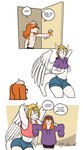 3_panel_comic anthro athletic_wear back_wings blonde_hair bottomwear clothing crop_top cropped_hoodie dialogue dialogue_box dot_eyes eyes_closed feathered_wings feathers floppy_ears fur gym_bottomwear gym_shorts hair hotpants humor orange_body orange_fur scales shirt shorts simple_background size_difference smile tail text topwear white_background white_body white_feathers white_fur white_hair white_scales wide_eyed wings freckles_(artist) mythology pecas_(freckles) siegfried angel_dragon bird_dog canid canine canis domestic_dog dragon hunting_dog mammal mythological_creature mythological_scalie scalie spaniel welsh_springer_spaniel 2022 english_text