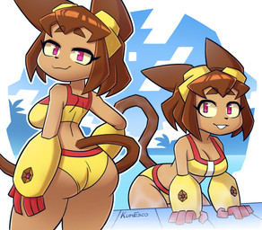 anthro big_butt bikini breasts brown_body brown_hair butt clothing eyebrows eyelashes eyewear eyewear_on_head female goggles goggles_on_head hair pink_eyes side_boob smile solo swimwear two-piece_swimsuit whiskers wide_hips yellow_sclera kunesco gameoverse glitch_productions kit_bodega domestic_cat felid feline felis mammal 2026 hi_res