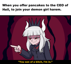 business_suit button_(fastener) clothing crown dialogue female female_humanoid fingers gesture grey_hair hair hand_gesture headgear horn light_body light_skin pointing red_eyes simple_background smug solo suit text white_hair white_horn droll3 adult_swim cartoon_network helltaker rick_and_morty you_son_of_a_bitch! lucifer_(helltaker) demon humanoid mammal english_text hi_res meme