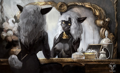 anthro black_body black_fur breasts crown female flower fur gem hair headgear horizontal_pupils jewelry loose_hair mirror nude pearl_(gem) plant pupils reflection short_tail sitting solo symbol tail tattoo tired white_hair yellow_eyes drawing_sofa bovid caprine mammal sheep