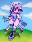 abs anthro athletic big_breasts black_nose boots breasts camel_toe cleavage clothed clothing earpiece female footwear gloves handwear hearing_aid horn leotard looking_at_viewer magenta_eyes muscular muscular_anthro muscular_female one_leg_on_ground one_leg_up open_mouth purple_body raised_leg shoes sky smile solo teeth thick_thighs wide_hips slayerlazenca_(artist) freedom_planet galaxytrail mythology sash_lilac aquatic_dragon dragon marine mythological_creature mythological_scalie scalie colored hi_res signature tagme