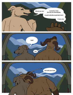 anthro border bovid_horn brown_body brown_fur caprine_horn casual_nudity dialogue duo ear_piercing female forest_background fur horn nuzzling piercing ram_horn slightly_chubby slightly_chubby_female speech_bubble tailgating tan_body tan_fur text white_border yellow_eyes oystr bethany_(oystr) lily_(oystr) bovid canid canine canis caprine domestic_dog hunting_dog mammal sheep sighthound comic english_text hi_res