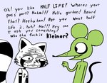 anthro black_body dialogue duo green_body greeting humor male multicolored_body simple_background text tired tired_eyes two_tone_body white_body rexon02 rex_raccoon_(rexon02) mammal mouse murid murine procyonid raccoon rodent english_text hi_res