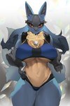 anthro big_breasts black_body black_fur blue_body blue_bra blue_clothing blue_fur blue_panties blue_underwear bra breasts chest_spike clothed clothing colored_edge_bra female fluffy fluffy_tail fur navel neck_tuft panties solo spikes spikes_(anatomy) tail thick_thighs training_bra tuft under_boob underwear wide_hips yellow_body yellow_fur woobin94 nintendo pokemon canid canine generation_4_pokemon lucario mammal pokemon_(species) hi_res