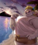 anthro beach belly bottomwear bulge clothing detailed_background eyewear humanoid_hands kemono male moobs mountain outside overweight overweight_male seaside shirt shorts solo sun sunglasses topwear white_body guadr lifewonders tokyo_afterschool_summoners babe_bunyan_(tas) bovid bovine cattle mammal 2022 absurd_res hi_res