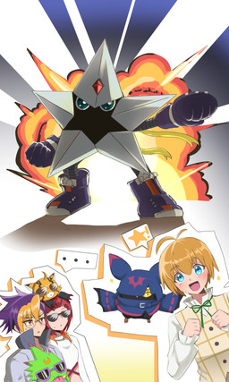 anthro blonde_hair blue_eyes blush explosion eyewear female group hair male purple_hair red_hair sentai_inspired smile sunglasses doodledigi bandai_namco digimon digimon_beatbreak makoto_kuonji reina_sakuya tomoro_tenma chiropmon digimon_(species) gekkomon human mammal pristimon starmon 3:5 absurd_res hi_res