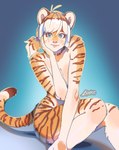 accessory anthro blue_eyes breasts female freckles hair hair_accessory hairband looking_at_viewer nude simple_background sitting solo stripes luxar92 pancake_(luxar92) felid mammal pantherine tiger hi_res