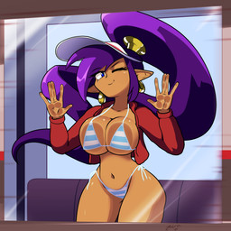 against_surface bikini blue_eyes breast_squish breasts brown_body brown_skin clothed clothing ear_piercing ear_ring eyebrows eyelashes female gold_(metal) gold_jewelry hair humanoid_pointy_ears jacket jewelry long_sleeves looking_at_viewer midriff navel not_furry on_glass one_eye_closed open_clothing open_jacket open_topwear pattern_bikini pattern_clothing pattern_swimwear piercing pointy_ears ponytail purple_hair railcar red_clothing red_jacket red_topwear ring_piercing seat smile solo squish string_bikini striped_bikini striped_clothing striped_swimwear stripes swimwear topwear train two-piece_swimsuit vehicle white_sclera wide_hips window zedrin shantae_(series) wayforward shantae genie humanoid 1:1 2025 digital_drawing_(artwork) digital_media_(artwork)