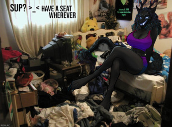 anthro antlers bed big_breasts bioluminescence black_body black_fur breasts claws clothed clothing electronics emoticon female female_anthro fur furniture glowing glowing_eyes glowing_teeth horn humor leg_over_thigh messy_room paws pointy_ears poster request_to_viewer requesting sharp_teeth sitting smile smiling_at_viewer solo tail teeth television text vitaly_s_alexius american_mythology indigenous_north_american_mythology mythology north_american_mythology stupid_sexy_cryptids starshade cryptid omnid wendigo digital_media_(artwork) english_text hi_res meme