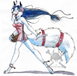 accessory anklet anthro basket big_tail blue_hair bracelet clothing container fangs female fluffy fluffy_tail form_fitting furgonomics hair happy jewelry long_hair necklace open_mouth red_eyes ring solo tail tail_accessory tail_jewelry tail_ring teeth topwear tube_top amiral_aesir canid canine mammal