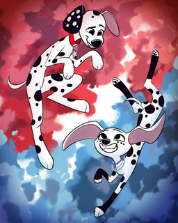 black_nose black_pawpads black_spots blue_collar collar collar_tag duo female feral freckled_face freckles fur heterochromatic_ears leg_markings male markings orange_collar pawpads pink_inner_ear red_collar socks_(marking) spots spotted_body spotted_fur star_collar_tag toony white_body white_ears white_fur azuvin 101_dalmatian_street 101_dalmatians disney dolly_(101_dalmatians) dylan_(101_dalmatians) canid canine canis dalmatian domestic_dog mammal 2022 4:5 hi_res