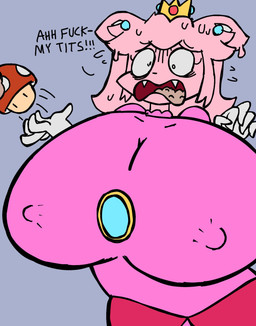 anthro armwear big_breasts bodily_fluids breast_expansion breasts clothing crown dialogue dress ear_piercing ear_ring elbow_gloves erect_nipples expansion female fungus gloves hair handwear headgear huge_breasts mushroom nervous nervous_sweat nipple_outline nipples panicking piercing pink_body pink_clothing pink_hair ring_piercing sharp_teeth solo super_mushroom surprised sweat teeth spicyredacted mario_bros nintendo princess_peach sarah_kattina_(spicysierra) domestic_cat felid feline felis goo_creature mammal hi_res