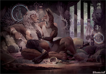 accessory anthro arm_around_shoulders bedding black_body black_fur blanket book bowl bracelet candle clock container curtains cutlery detailed_background digit_ring duo ear_piercing ear_ring feet fur furgonomics gloves_(marking) gold_(metal) gold_jewelry hair hand_on_chest jewelry kitchen_utensils looking_at_another male male/male male_anthro markings multicolored_body multicolored_fur muscular muscular_anthro muscular_male nipple_piercing nipple_ring nipples on_lap piercing pillow plate reclining red_body red_fur ring ring_(jewelry) ring_piercing sitting_on_lap size_difference spoon tail tail_accessory tail_jewelry tail_ring tail_tuft toe_ring toes tools tuft white_body white_fur white_hair bubblewolf canid canine felid fox lion mammal pantherine