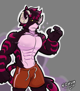 anthro bottomwear bovid_horn caprine_horn clothing dark_eyes fur horn male markings muscular muscular_anthro muscular_arms muscular_male nipples pecs purple_body purple_fur red_bottomwear red_clothing red_shorts serious serious_expression serious_face shorts solo striped_body striped_fur striped_markings striped_tail stripes tail tail_markings yellow_eyes nohum henshe_(nohum) demon felid mammal pantherine tiger
