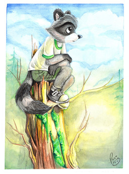anthro black_body black_fur black_nose blue_sky bottomwear clothed clothing cloud facial_markings fur glistening glistening_eyes green_bottomwear green_clothing green_pants grey_body grey_fur head_markings logo male male_anthro markings mask_(marking) mouth_closed outside pants shirt side_view sitting sky solo striped_markings striped_tail stripes t-shirt tail tail_markings topwear white_clothing white_shirt white_t-shirt white_topwear young young_anthro young_male pandapaco art_(pandapaco) mammal procyonid raccoon artist_logo signature
