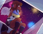 anthro barefoot biped bottomwear brown_hair chest_tuft clothed clothing feathered_wings feathers feet female fireworks fully_clothed green_eyes hair long_hair plushie shorts sky solo star topwear tuft wings yellow_clothing yellow_topwear zyira mammal 2016 digital_media_(artwork) shaded