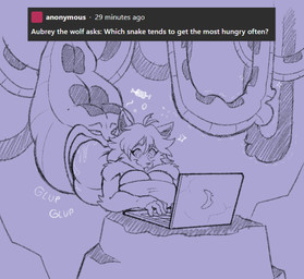 abdominal_bulge ambiguous_gender anthro big_breasts big_butt breasts butt computer electronics feet_first female feral group hypnosis laptop mind_control neck_bulge oral_vore ringed_eyes swallowing text trio vore darksheep46 canid canine canis mammal reptile scalie snake wolf english_text