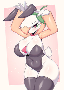 big_breasts big_butt blush blush_lines breasts bunny_costume butt cleavage clothed clothing costume fake_ears fake_rabbit_ears fake_rabbit_tail fake_tail female green_hair hair huge_breasts looking_at_viewer multicolored_hair navel orange_hair pink_eyes solo thick_thighs white_hair wide_hips tailzkim nintendo pokemon gardevoir generation_3_pokemon humanoid pokemon_(species) 2023 character_request hi_res