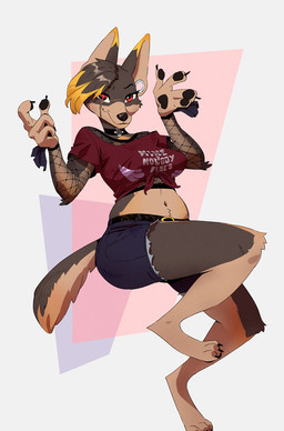 3_toes anthro barefoot belly blonde_highlights bottomwear brown_body brown_fur choker clothing crop_top dark_body dark_skin denim denim_bottomwear denim_clothing denim_shorts digitigrade eye_scar facial_scar feet female fishnet_clothing fishnet_topwear fluffy fluffy_tail fur head_tuft highlights_(coloring) jewelry light_body light_skin looking_at_viewer midriff multicolored_body multicolored_skin necklace pawpads pointy_ears red_eyes scar shirt shorts simple_background snout solo tail toes topwear tuft tunnel_piercing two_tone_body two_tone_skin ruffu tsi_(ruffu) canid canine canis chihuahua domestic_dog mammal toy_dog digital_drawing_(artwork) digital_media_(artwork)