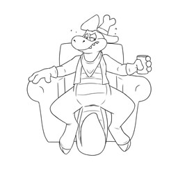 4_fingers anthro armchair biped bottomless chair clothed clothing cowboy_hat drunk eyebrows featureless_crotch fingers front_view furniture gloves half-closed_eyes handwear hat headgear headwear holding_object kerchief looking_aside looking_at_viewer male narrowed_eyes on_armchair sharp_teeth sitting solo spread_legs spreading substance_intoxication teeth topwear vest rotten_robbie bottomless_day_(rotten_robbie) bull_gator alligator alligatorid crocodilian reptile scalie 1:1 black_and_white full-length_portrait hi_res line_art monochrome portrait