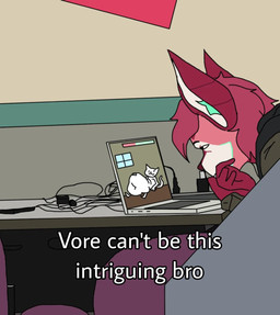 abdominal_bulge ambiguous_gender anthro belly big_belly computer duo electronics fur green_inner_ear_fluff hand_on_belly humor inner_ear_fluff intense_stare laptop looking_at_computer looking_at_laptop looking_at_object narrowed_eyes navel red_body red_fur sitting sitting_on_ground text tuft vore white_body white_fur white_inner_ear nsfoxxw felid feline mammal 2025 digital_drawing_(artwork) digital_media_(artwork) english_text hi_res