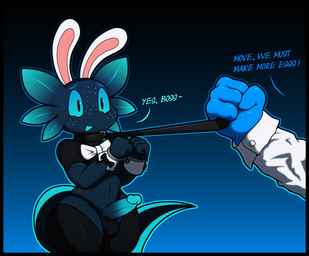 anthro black_border border clothed clothing duo erection fake_ears fake_rabbit_ears femboy genitals leash leash_pull legwear male male/male offscreen_character open_mouth penis simple_background submissive text thick_thighs thigh_highs wide_hips toongstar nimble_(toongstar) amphibian aquatic axolotl mole_salamander salamander english_text hi_res