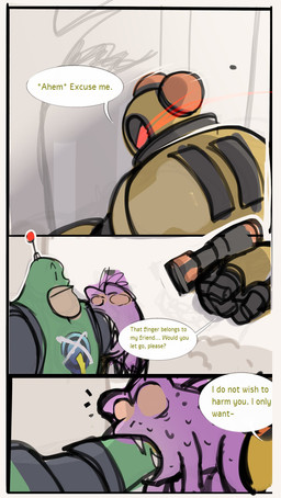 clothed clothed_male clothing dialogue fangs female feral glowing glowing_eyes group machine male purple_body red_eyes teeth text yellow_body time_fluffy500 ratchet_and_clank sony_corporation sony_interactive_entertainment captain_qwark kit_(ratchet_and_clank) alien amphibian frog humanoid mammal robot absurd_res comic english_text hi_res