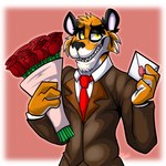 anthro black_nose bouquet business_suit clothing eyebrows flower flower_bouquet fur grin half-closed_eyes holidays looking_at_viewer male narrowed_eyes orange_body orange_fur pink_inner_ear plant rose_(flower) smile solo suit thick_eyebrows yellow_eyes fatalsyndrome valentine's_day frank_(cregon) felid mammal pantherine tiger 1:1 hi_res