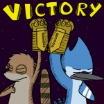 anthro beak bent_arm clothing curved_arm dialogue duo extruded_text eyes_closed fists_of_justice gloves handwear male one_hand_up pose raised_arm raised_hand space star tail text victory_pose furrygami cartoon_network regular_show mordecai_(regular_show) rigby_(regular_show) avian bird blue_jay corvid jay_(bird) mammal new_world_jay oscine passerine procyonid raccoon 1:1 english_text low_res