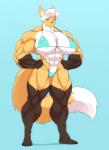 abs anthro biceps big_breasts big_muscles bikini blue_eyes breasts clothing female hair huge_muscles muscular muscular_anthro muscular_female simple_background solo swimwear two-piece_swimsuit white_hair ramudey vela_(kagekitsoon) canid canine fox mammal hi_res